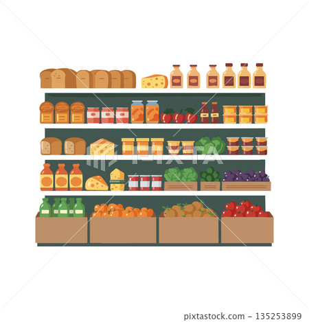Grocery store shelves with fresh bread cheese vegetables jars and bottles in organized display vector illustration 135253899