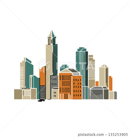 City skyline vector illustration with modern buildings and urban architecture in muted green and orange colors 135253905