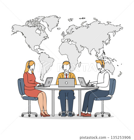 Customer support team working with laptops and headsets in office with world map background vector illustration 135253906