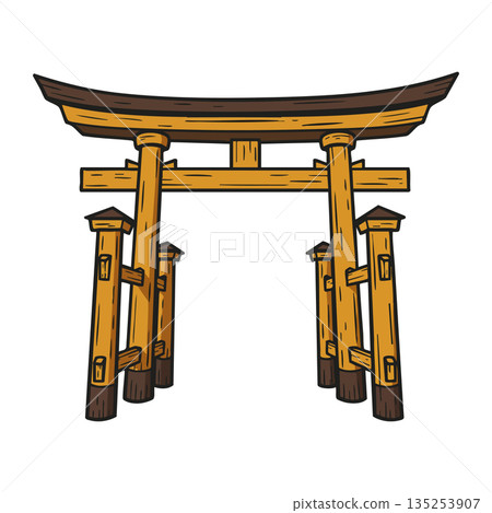 Japanese wooden torii gate vector with traditional design and brown colors for cultural and religious symbolism 135253907