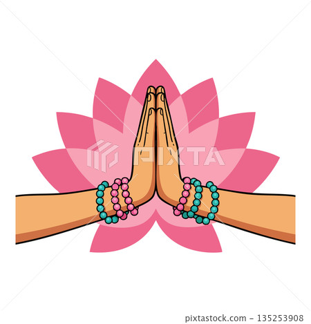 Vector illustration of hands in prayer gesture with colorful beaded bracelets and pink lotus flower background for meditation and spirituality 135253908