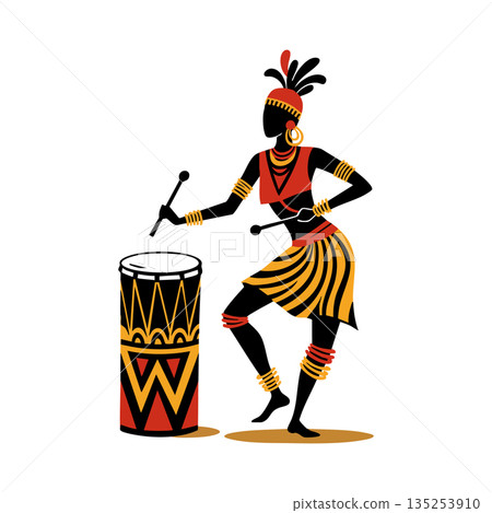 African tribal woman playing drum with traditional costume and ornamental accessories vector illustration 135253910