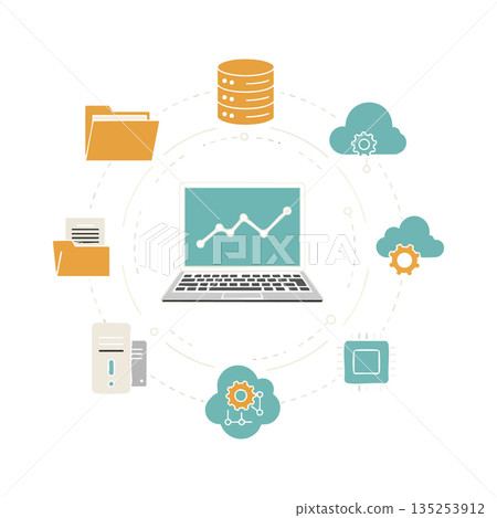 Data storage and cloud computing technology network with laptop graph analytics vector illustration design Data storage and cloud computing technology network with laptop graph analytics vector illustration design 135253912