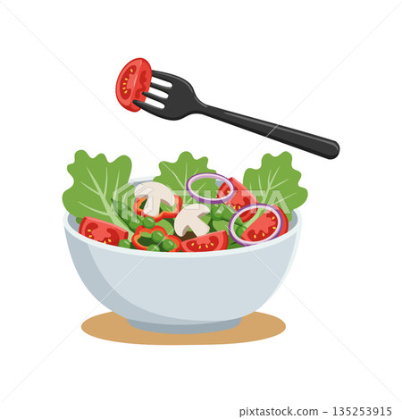 Fresh vegetable salad bowl with lettuce tomato mushroom and onion slices healthy food vector illustration Fresh vegetable salad bowl with lettuce tomato mushroom and onion slices healthy food vector illustration 135253915