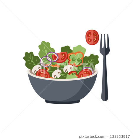 Fresh vegetable salad bowl with tomatoes mushrooms and leafy greens healthy food meal illustration vector Fresh vegetable salad bowl with tomatoes mushrooms and leafy greens healthy food meal illustration vector 135253917