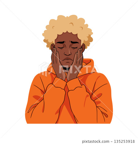 Young person with curly blonde hair wearing orange hoodie showing stressed and worried expression vector illustration Young person with curly blonde hair wearing orange hoodie showing stressed and worried expression vector illustration 135253918