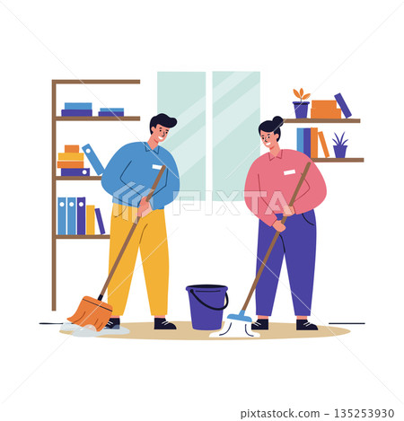 Two People Cleaning Floor with Mop and Broom in Bright Room Vector Illustration Two People Cleaning Floor with Mop and Broom in Bright Room Vector Illustration 135253930