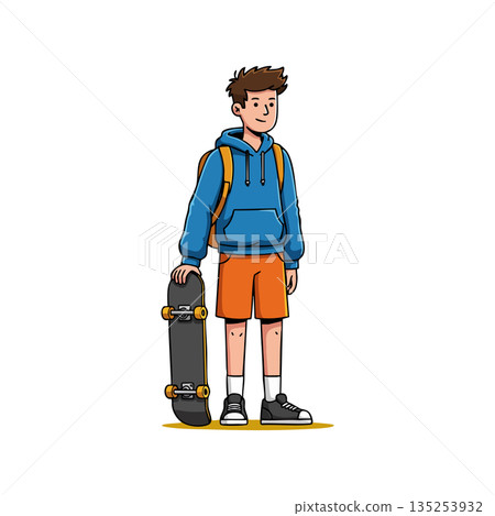 Boy standing with skateboard wearing blue hoodie and orange shorts vector illustration Boy standing with skateboard wearing blue hoodie and orange shorts vector illustration 135253932