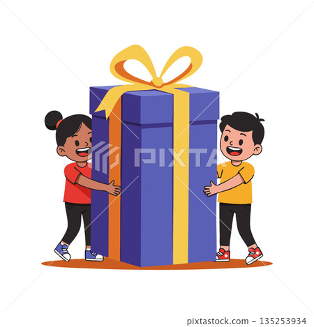 Children carrying large purple gift box with yellow ribbon illustration vector Children carrying large purple gift box with yellow ribbon illustration vector 135253934