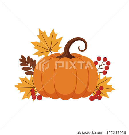 Pumpkin with autumn leaves and red berries seasonal fall harvest vector illustration Pumpkin with autumn leaves and red berries seasonal fall harvest vector illustration 135253936
