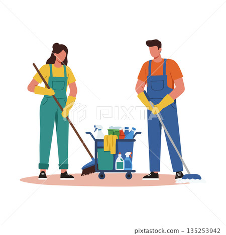 Cleaning workers mopping floor with janitorial cart and supplies in flat vector 135253942