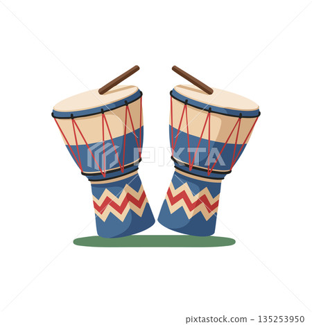 African djembe drums with colorful red blue patterns and wooden sticks vector illustration African djembe drums with colorful red blue patterns and wooden sticks vector illustration 135253950