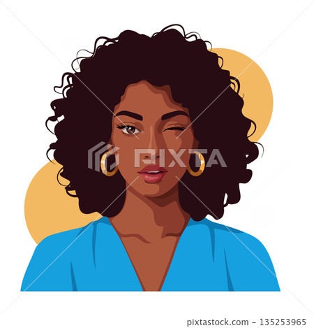 Woman with curly hair wearing blue shirt and gold hoop earrings winking vector illustration Woman with curly hair wearing blue shirt and gold hoop earrings winking vector illustration 135253965