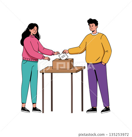 Young man and woman casting vote in ballot box vector illustration in flat style 135253972