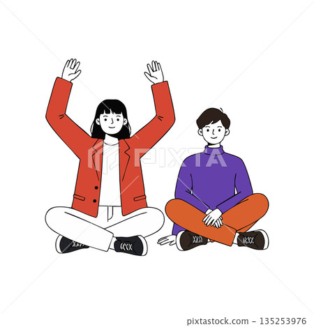 Young woman and man sitting cross-legged with raised arms casual lifestyle vector illustration Young woman and man sitting cross-legged with raised arms casual lifestyle vector illustration 135253976
