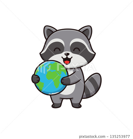Cute raccoon holding globe earth cartoon character vector illustration smiling happy Cute raccoon holding globe earth cartoon character vector illustration smiling happy 135253977