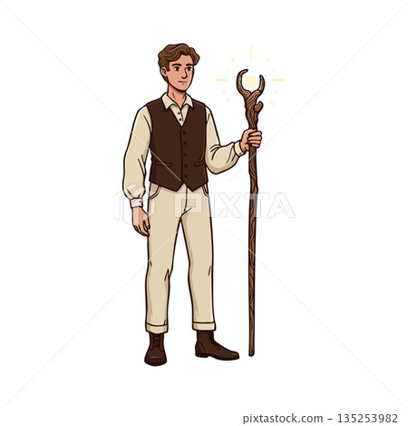 Young man holding wooden magical staff in fantasy costume illustration vector Young man holding wooden magical staff in fantasy costume illustration vector 135253982