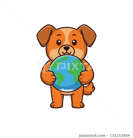 Cute dog holding earth planet globe cartoon vector illustration with blue and green colors 135253984
