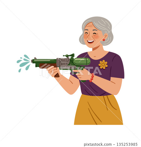 Elderly woman holding water gun playful summer activity vector illustration Elderly woman holding water gun playful summer activity vector illustration 135253985