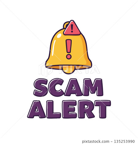 Scam alert notification icon with yellow bell and exclamation mark warning symbol in vector design 135253990