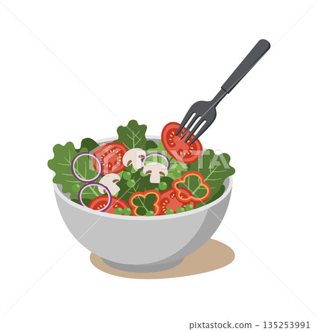 Fresh vegetable salad with tomato rings and fork in white bowl healthy food concept vector illustration 135253991