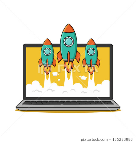 Rocket launch concept with laptop screen showing three rockets taking off in cartoon style digital vector illustration 135253993