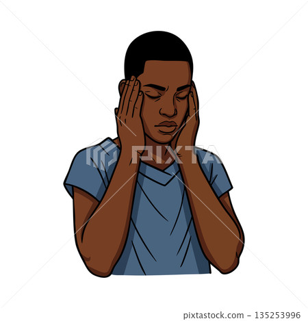 Stressed black man holding head with closed eyes feeling overwhelmed and anxious vector illustration Stressed black man holding head with closed eyes feeling overwhelmed and anxious vector illustration 135253996