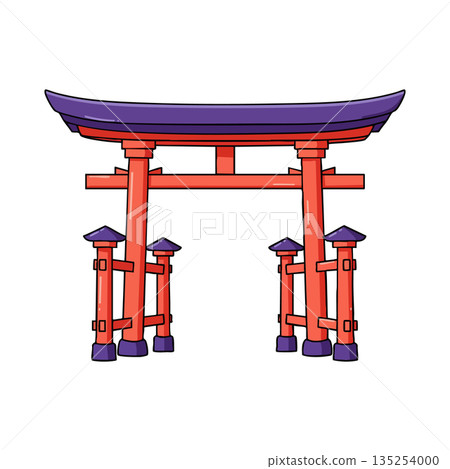 Red and purple traditional Japanese torii gate vector illustration with cultural symbolism and architectural design details 135254000