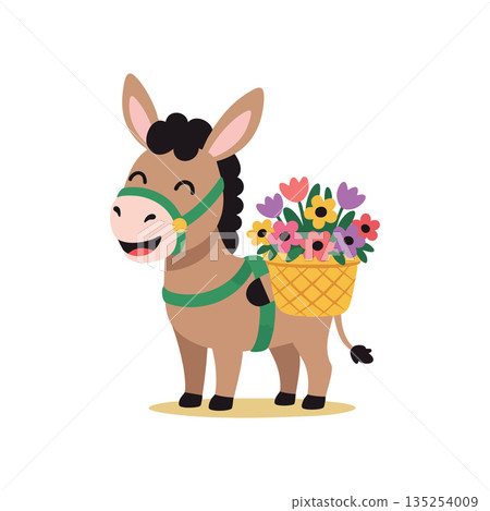 Donkey carrying basket with colorful flowers cheerful farm animal vector illustration Donkey carrying basket with colorful flowers cheerful farm animal vector illustration 135254009