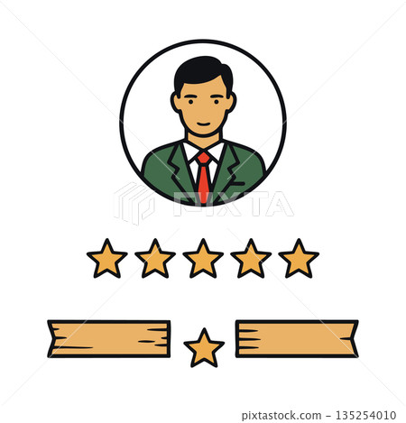 Businessman avatar with five star rating and ribbon badge for professional evaluation and customer feedback vector illustration Businessman avatar with five star rating and ribbon badge for professional evaluation and customer feedback vector illustration 135254010