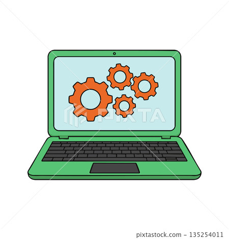 Green laptop with orange gears on screen technology concept vector illustration simple design Green laptop with orange gears on screen technology concept vector illustration simple design 135254011