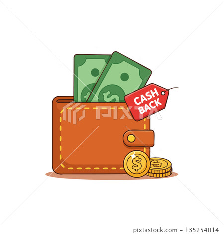 Wallet with cash and coins showing cashback concept for money savings and financial rewards vector illustration Wallet with cash and coins showing cashback concept for money savings and financial rewards vector illustration 135254014