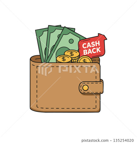 Wallet with cash money coins and cashback tag vector icon for financial savings and rewards concept illustration Wallet with cash money coins and cashback tag vector icon for financial savings and rewards concept illustration 135254020