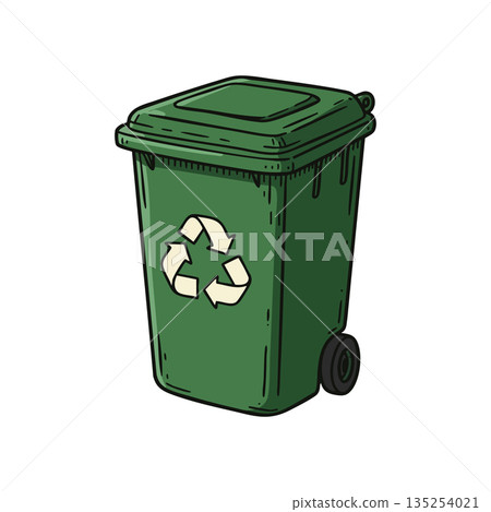 Green recycling bin with wheels and lid for waste management and environmental sustainability vector illustration 135254021