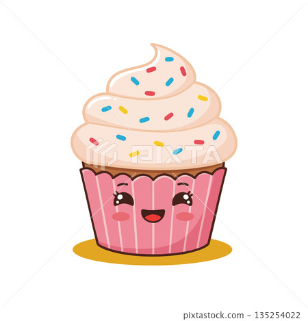 Cute cupcake with pink wrapper and colorful sprinkles happy smiling kawaii dessert vector illustration Cute cupcake with pink wrapper and colorful sprinkles happy smiling kawaii dessert vector illustration 135254022