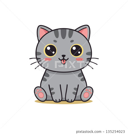 Cute gray tabby cat sitting adorable cartoon style with big eyes and pink paws vector illustration Cute gray tabby cat sitting adorable cartoon style with big eyes and pink paws vector illustration 135254023