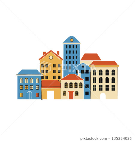 Colorful urban buildings vector with blue and orange roofs in simple cityscape design illustration 135254025
