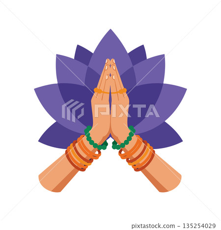 Praying hands with bracelets and beads in front of purple lotus flower spiritual vector design Praying hands with bracelets and beads in front of purple lotus flower spiritual vector design 135254029