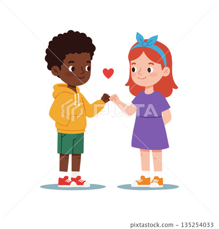 Children giving fist bump showing friendship and love vector illustration of boy and girl with heart symbol Children giving fist bump showing friendship and love vector illustration of boy and girl with heart symbol 135254033