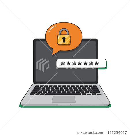 Laptop computer showing password protection with padlock security icon vector illustration for digital safety and privacy concept 135254037