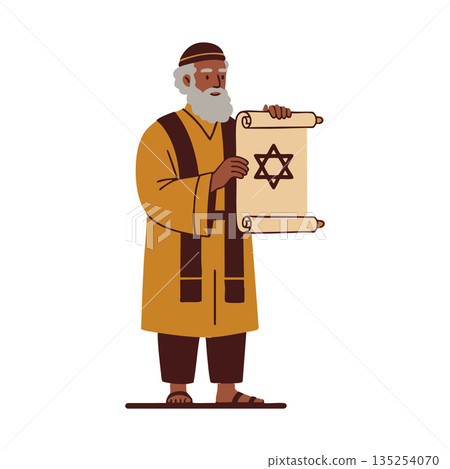 Jewish man holding Torah scroll with Star of David religious symbol vector illustration in traditional clothing 135254070