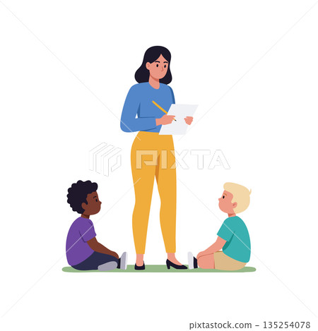 Teacher with children in classroom writing on paper teaching education concept vector illustration 135254078