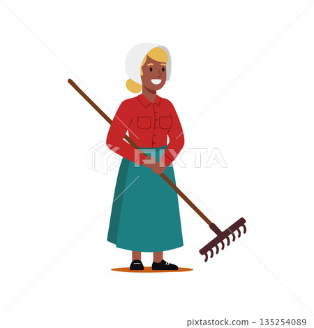 Elderly woman holding garden rake standing smiling in red shirt and teal skirt vector illustration Elderly woman holding garden rake standing smiling in red shirt and teal skirt vector illustration 135254089