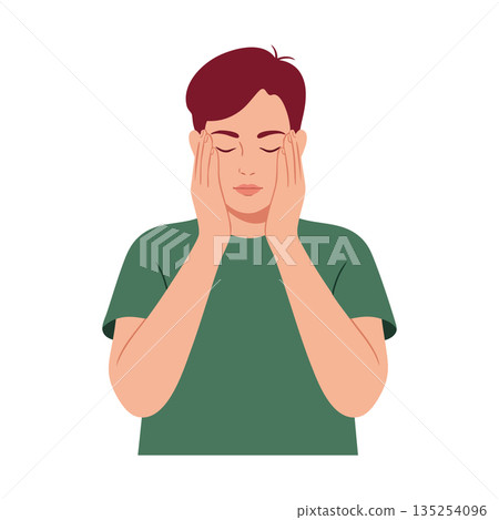 Young man with red hair and green shirt massaging face in relaxation and self-care routine vector illustration 135254096