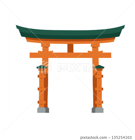 Traditional Japanese Torii Gate Vector Illustration with Green Roof and Orange Pillars in Flat Style for Cultural Design 135254103