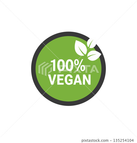 100 Percent Vegan Label Green Circle Icon with Leaves Symbol for Eco Friendly and Plant Based Lifestyle Design 135254104