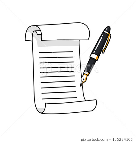 Fountain pen writing on scroll paper vector illustration with black and gold pen detail for classic writing tools design Fountain pen writing on scroll paper vector illustration with black and gold pen detail for classic writing tools design 135254105