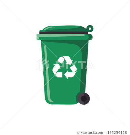 Green recycling bin with white recycle symbol and wheels vector illustration for waste management and environmental awareness 135254118