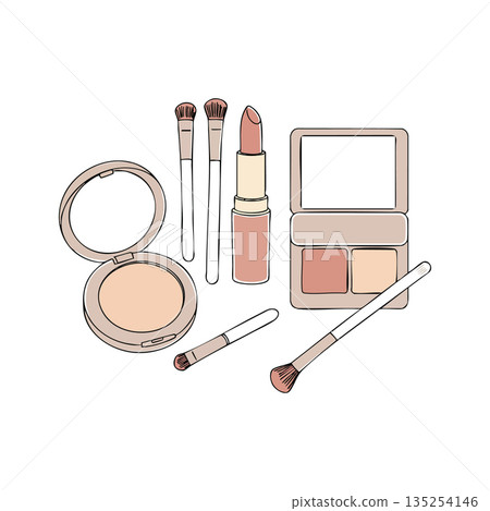 Makeup set with lipstick powder brushes and eyeshadow palette vector illustration for beauty and cosmetics design Makeup set with lipstick powder brushes and eyeshadow palette vector illustration for beauty and cosmetics design 135254146