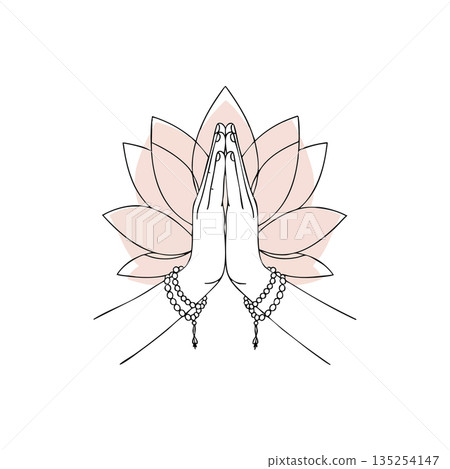 Praying hands with mala beads and pink lotus flower vector illustration for meditation and spirituality concepts 135254147
